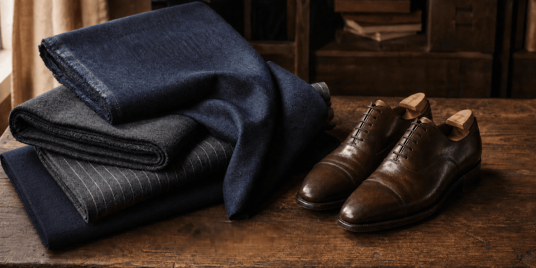 Folded navy and charcoal suiting cloth beside a pair of brown leather Oxford shoes